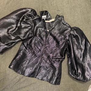 Ganni Women's Black and Silver Metallic Puff Sleeve Tailored Blouse